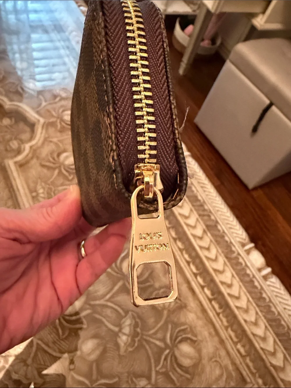 Light and dark brown checkered Damier Zip Card Holder with Gold Hardware